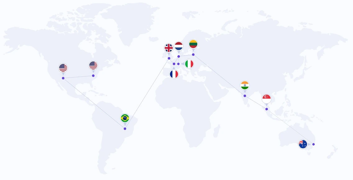World map showing continents and countries hosting Blowfish secure communication servers