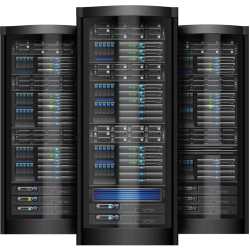 Three secure servers inside large black server cabinets designed for resilient infrastructures